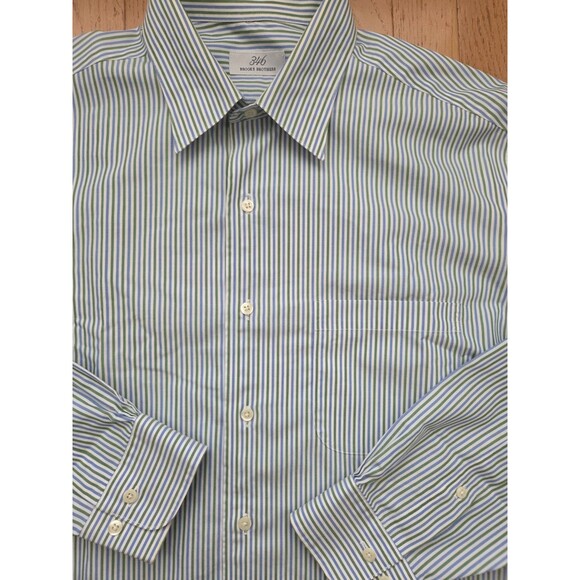 Brooks Brothers Button Down Dress Shirt 16 34/35 Blue Green White Striped - Picture 1 of 6